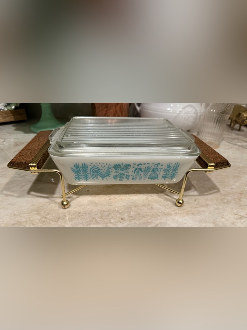 Vintage Pyrex 50’s Amish Butterprint rectangle refrigerator dish with stand
